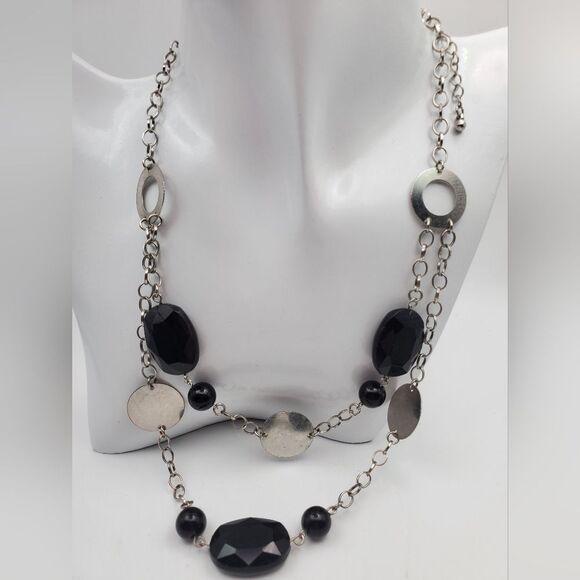 Pop idol onyx beaded and silver medallion layer‎ necklace N0315 - Picture 1 of 3